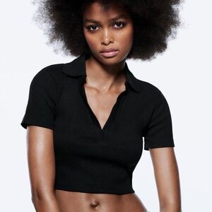 Zara Black Cropped Polo Ribbed Top